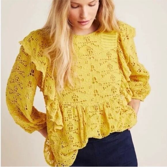 Anthropologie Yellow Clementine Blouse Eyelet Ruffle Puff Sleeve Top Shirt Sz 0 - Picture 1 of 16
